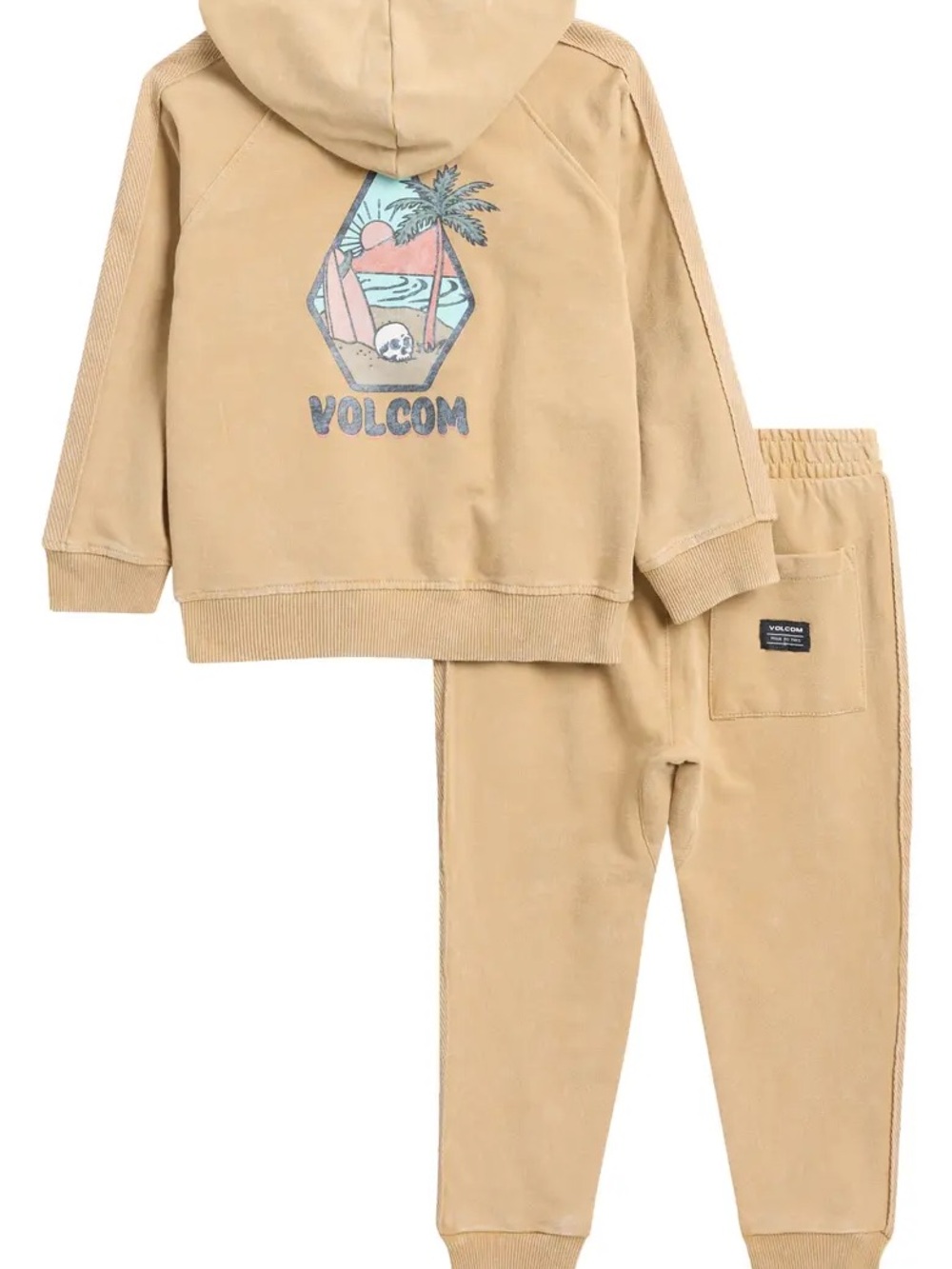 Volcom Tan Hoodie and Jogger Set with Pastel Beach Graphic